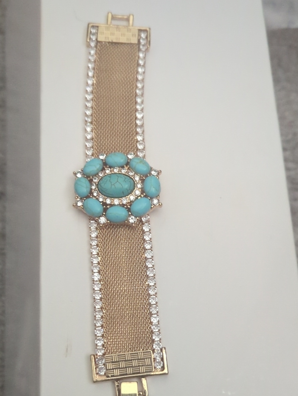 Gold-Tone Turquoise Stone Mesh Bracelet with Crystal Accents